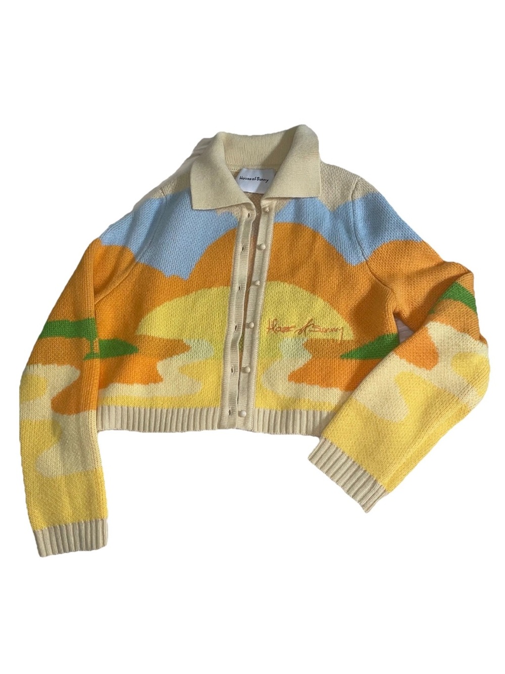 House of Sunny Day Tripper Jacquard Cardigan Size 10 Sunset EUC Sweater Collar